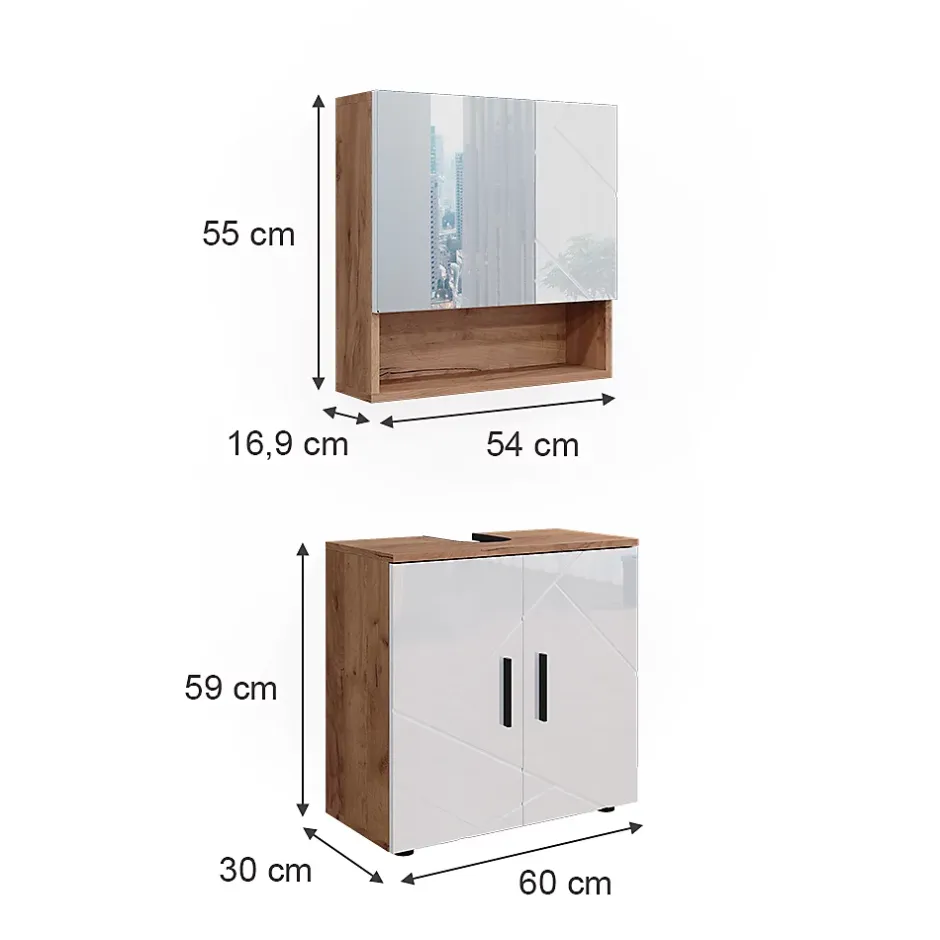 Vicco Ensemble meubles bain Blanc brillant/Chêne doré 2 pièces, armoire basse 60 cm