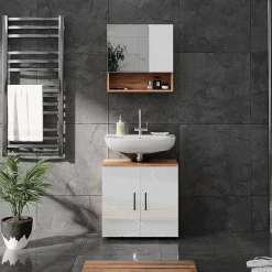Vicco Ensemble meubles bain Blanc brillant/Chêne doré 2 pièces, armoire basse 60 cm