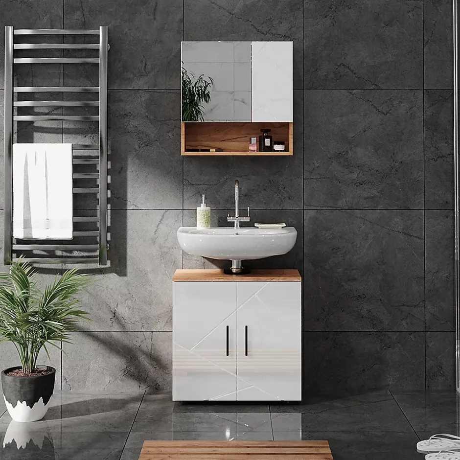 Vicco Ensemble meubles bain Blanc brillant/Chêne doré 2 pièces, armoire basse 60 cm