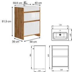 Vicco Ensemble meubles bain Chêne de force doré 2 pièces, meuble bas 60 cm