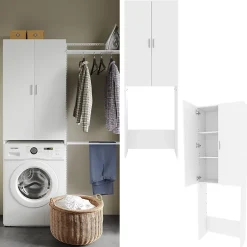 Vicco Meuble de machine à laver Blanc 64x190cm avec 2 portes longues* Meuble Wc