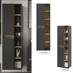 Vicco Meuble salle de bain Anthracite 50x170cm avec portes, et compartiments ouverts