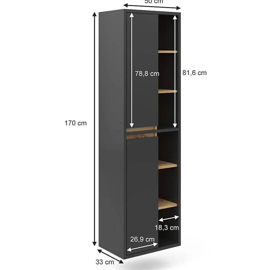 Vicco Meuble salle de bain Anthracite 50x170cm avec portes, et compartiments ouverts
