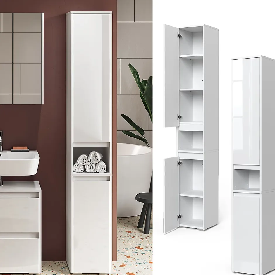 Vicco Meuble salle de bain Blanc 30.2x191.5cm avec portes et compartiment ouvert