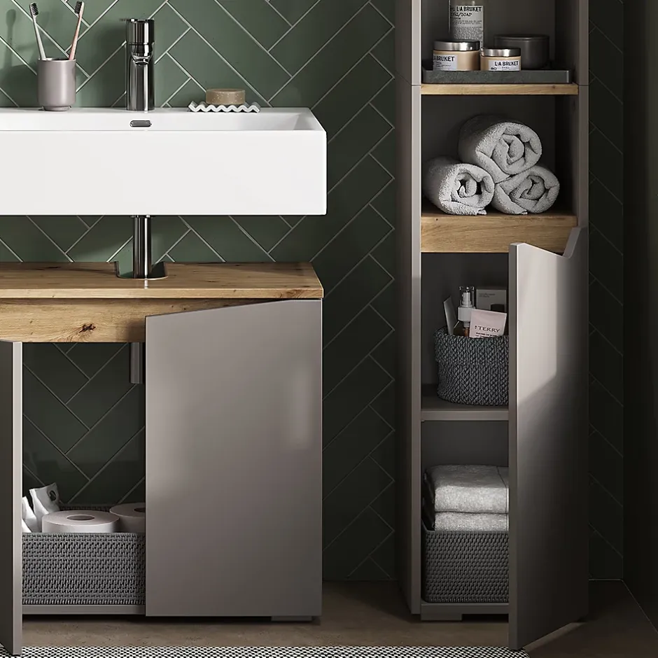 Vicco Meuble salle de bain Grège 30x180cm avec portes, et compartiments ouverts