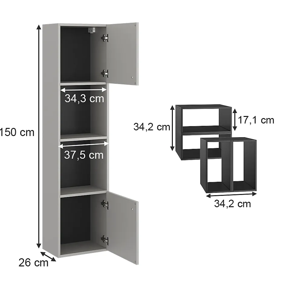 Vicco Meuble salle de bain Gris 37.5x150cm avec porte et compartiments ouverts* Colonne De Salle De Bains