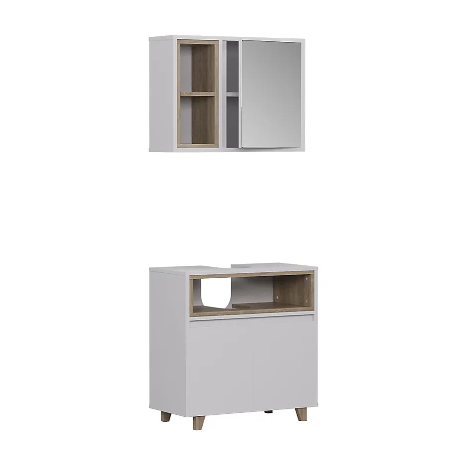 Vicco Meubles bain blanc/chêne avec armoire à glace et meuble bas* Ensemble Meuble De Salle De Bains