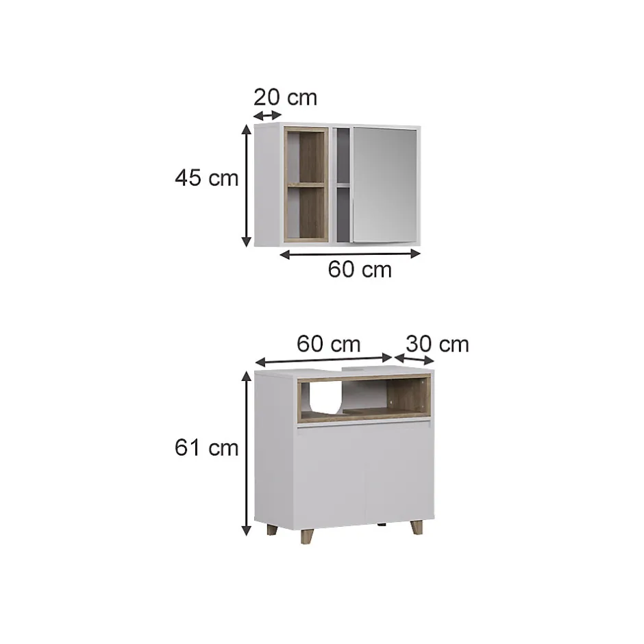 Vicco Meubles bain blanc/chêne avec armoire à glace et meuble bas* Ensemble Meuble De Salle De Bains