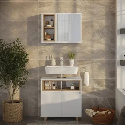 Vicco Meubles bain blanc/chêne avec armoire à glace et meuble bas* Ensemble Meuble De Salle De Bains