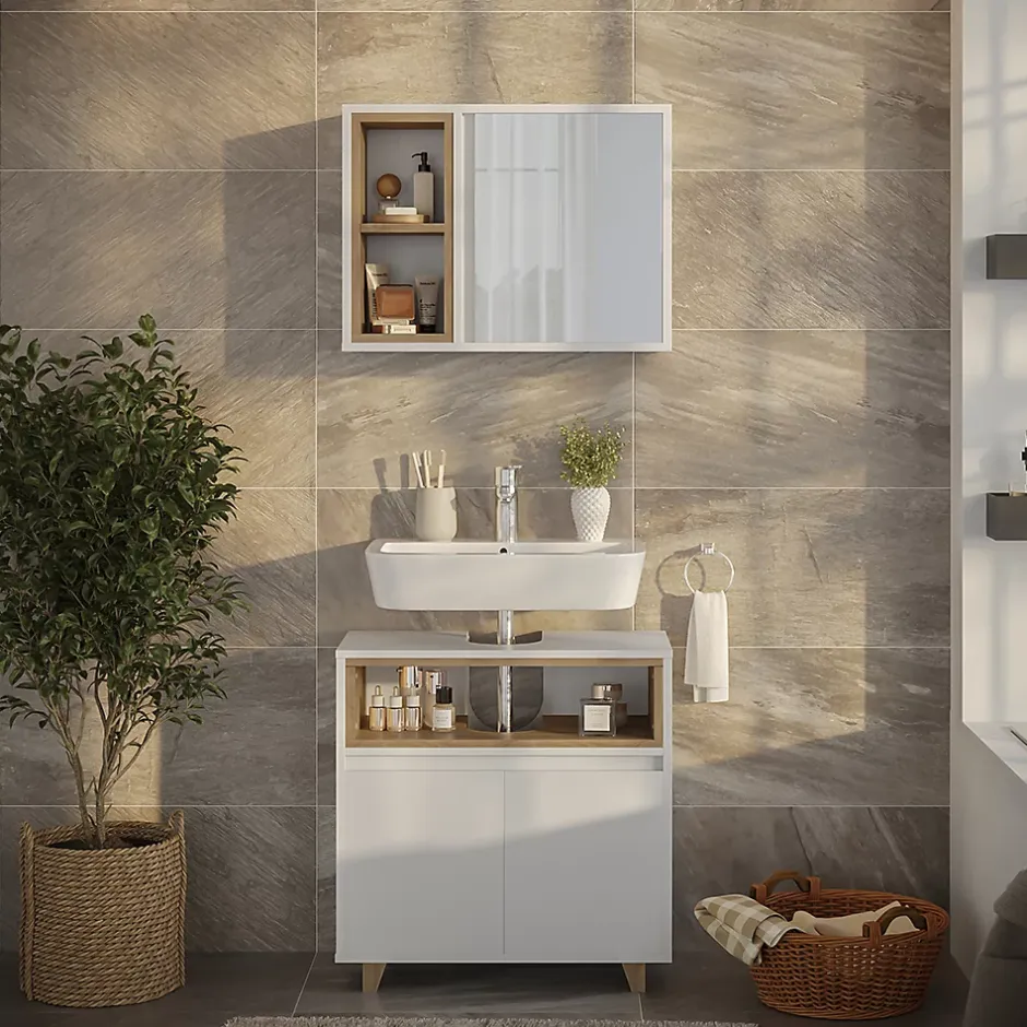Vicco Meubles bain blanc/chêne avec armoire à glace et meuble bas* Ensemble Meuble De Salle De Bains