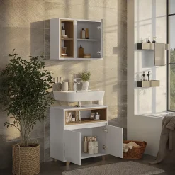 Vicco Meubles bain blanc/chêne avec armoire à glace et meuble bas* Ensemble Meuble De Salle De Bains