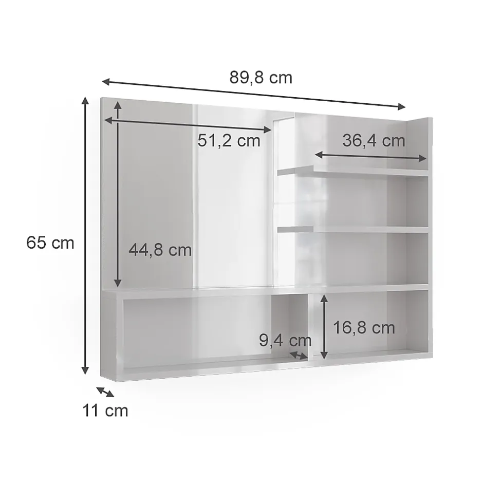 Vicco Miroir mural Blanc Haute brillance 89.8x65cm avec compartiments ouverts