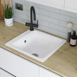 GoodHome Évier de cuisine 1 cuve en composite de quartz blanc mat avec accessoires Romesco