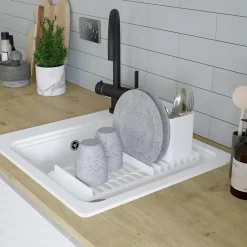 GoodHome Évier de cuisine 1 cuve en composite de quartz blanc mat avec accessoires Romesco