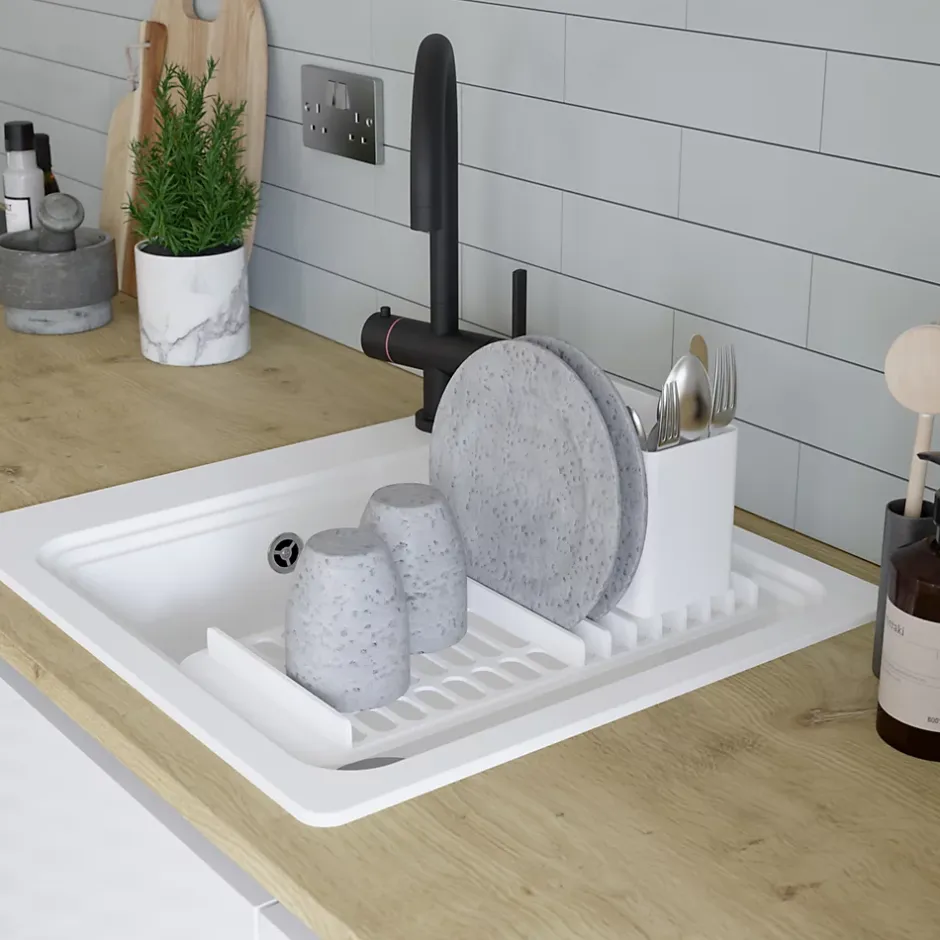 GoodHome Évier de cuisine 1 cuve en composite de quartz blanc mat avec accessoires Romesco