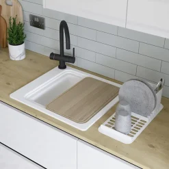 GoodHome Évier de cuisine 1 cuve en composite de quartz blanc mat avec accessoires Romesco