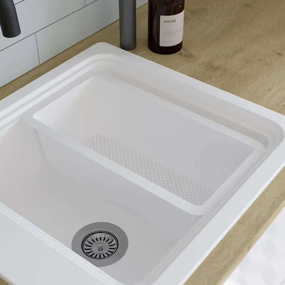 GoodHome Évier de cuisine 1 cuve en composite de quartz blanc mat avec accessoires Romesco