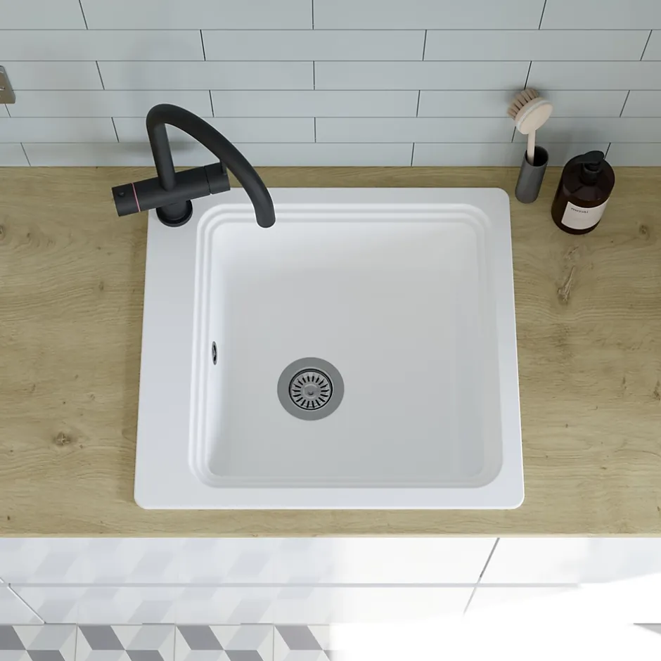 GoodHome Évier de cuisine 1 cuve en composite de quartz blanc mat avec accessoires Romesco