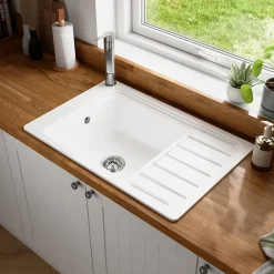 GoodHome Évier de cuisine 1 cuve et 1 égouttoir en composite de quartz blanc mat avec accessoires Romesco* Evier Et Robinet De Buanderie
