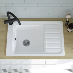 GoodHome Évier de cuisine 1 cuve et 1 égouttoir en composite de quartz blanc mat avec accessoires Romesco* Evier Et Robinet De Buanderie