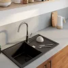 GoodHome Évier de cuisine en composite de quartz noir 1 bac à encastrer Hawking + égouttoir