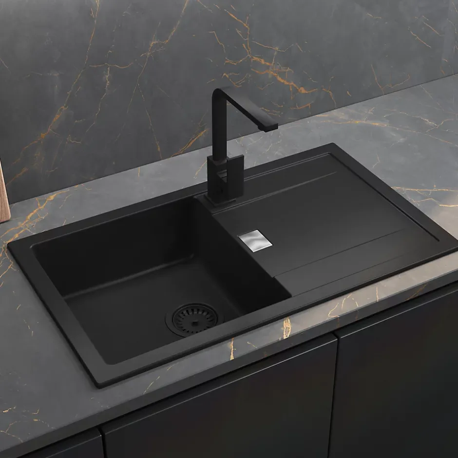 GoodHome Évier de cuisine en composite de quartz noir 1 bac à encastrer Hawking + égouttoir