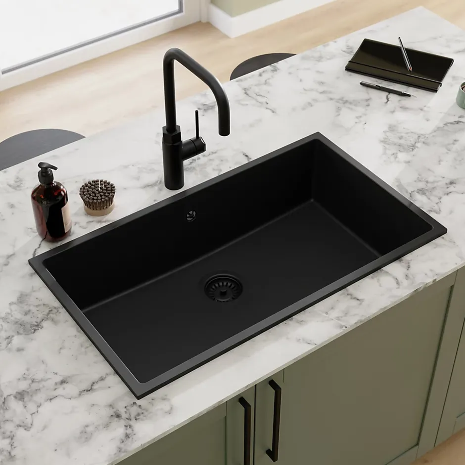GoodHome Évier de cuisine en composite de quartz noir 1 bac à encastrer Sorrel