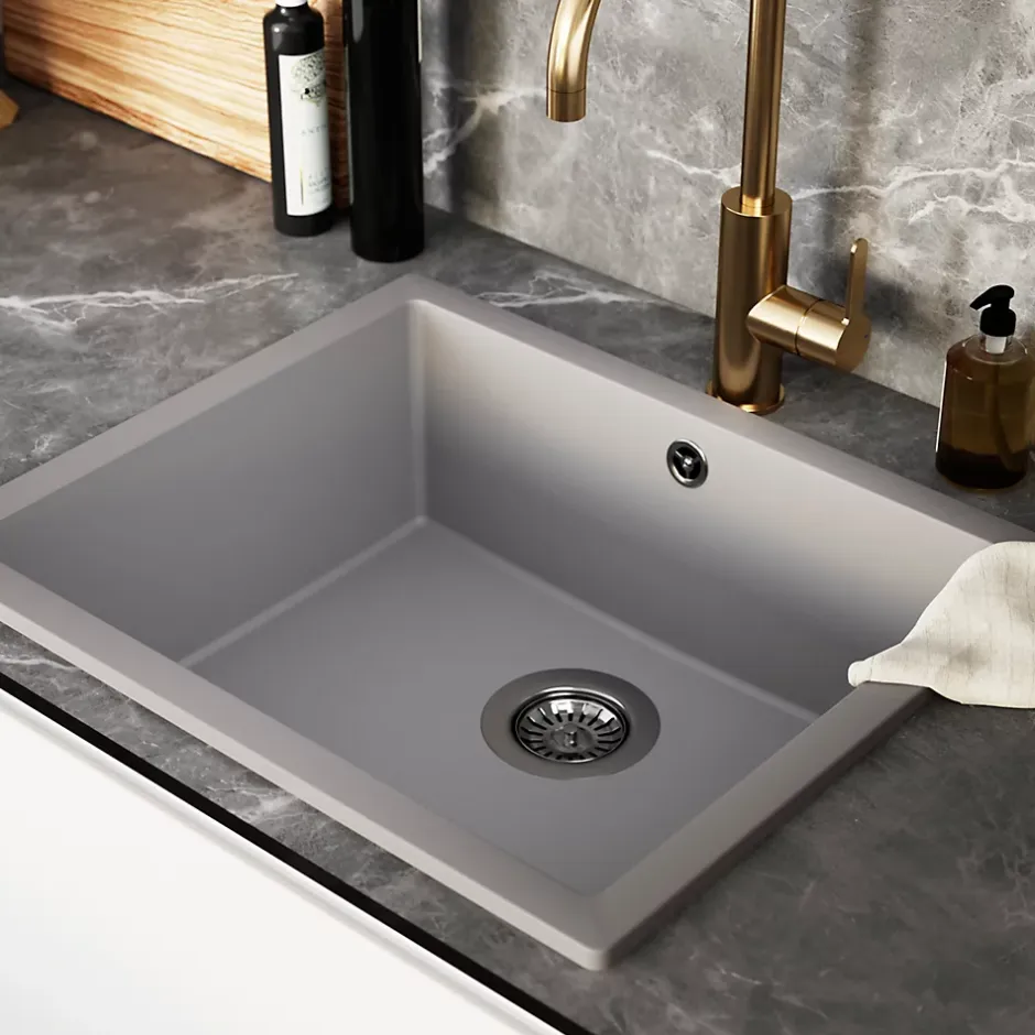 GoodHome Évier de cuisine en composite de quartz gris mat 1 bac à encastrer Sorrel