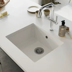 GoodHome Évier de cuisine en composite de quartz blanc mat 1 bac à encastrer Sorrel