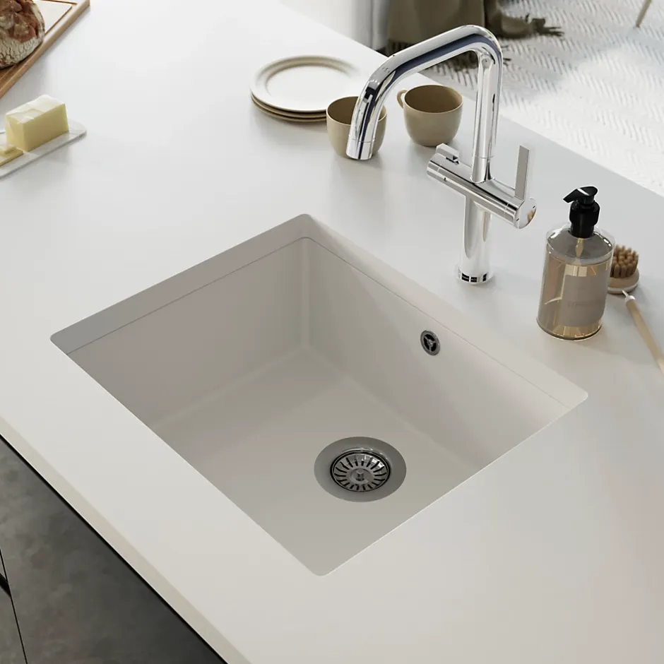 GoodHome Évier de cuisine en composite de quartz blanc mat 1 bac à encastrer Sorrel