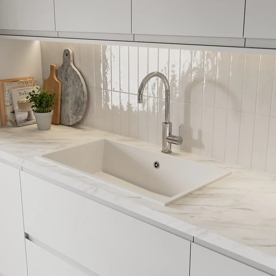 GoodHome Évier de cuisine en composite de quartz blanc 1 bac à encastrer Sorrel* Evier Et Robinet De Buanderie