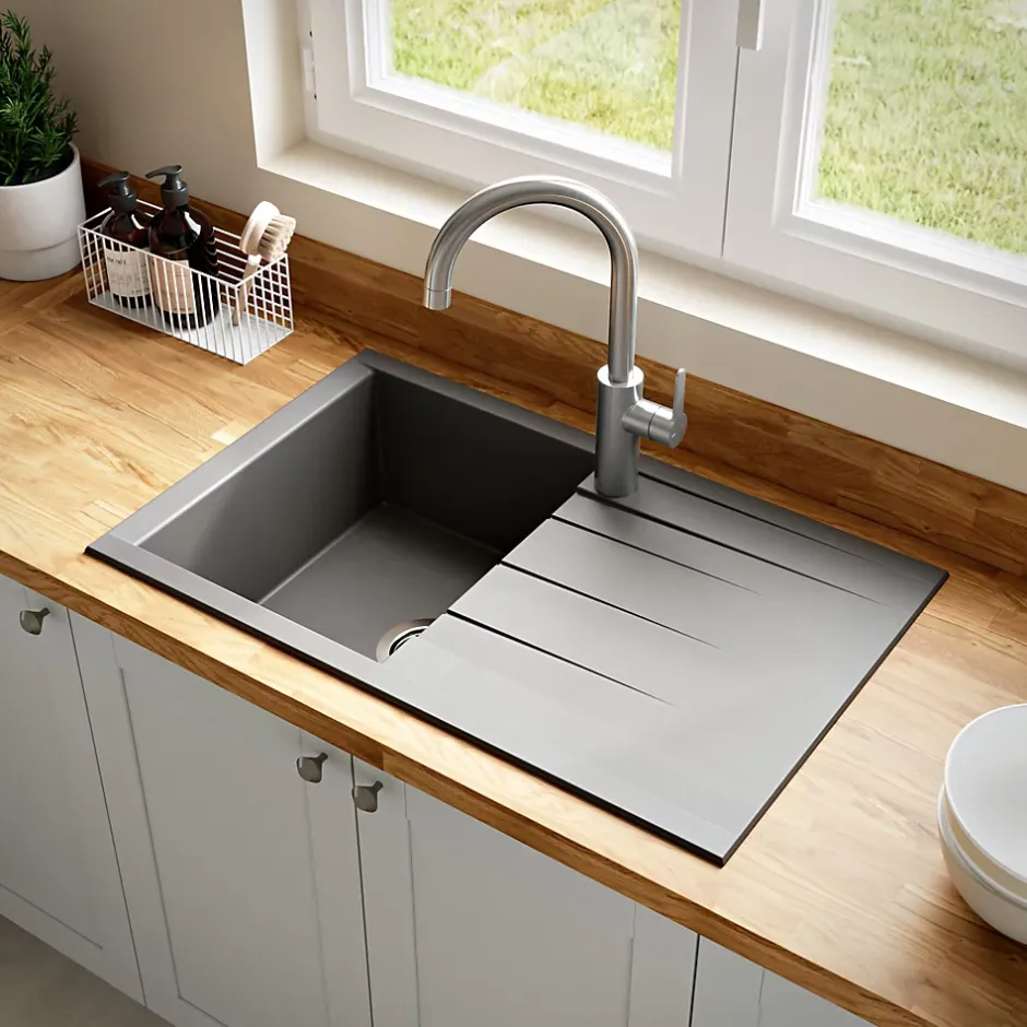 GoodHome Évier de cuisine en résine gris 1 bac à encastrer et égouttoir Keluak* Evier Et Robinet De Buanderie