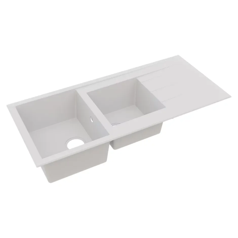 GoodHome Évier de cuisine en résine blanc 2 bacs à encastrer et égouttoir Keluak* Evier Et Robinet De Buanderie