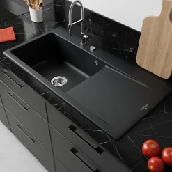 Villeroy & Boch Évier en céramique 1 cuve à gauche à encastrer Subway Style noir lisse* Evier Et Robinet De Buanderie