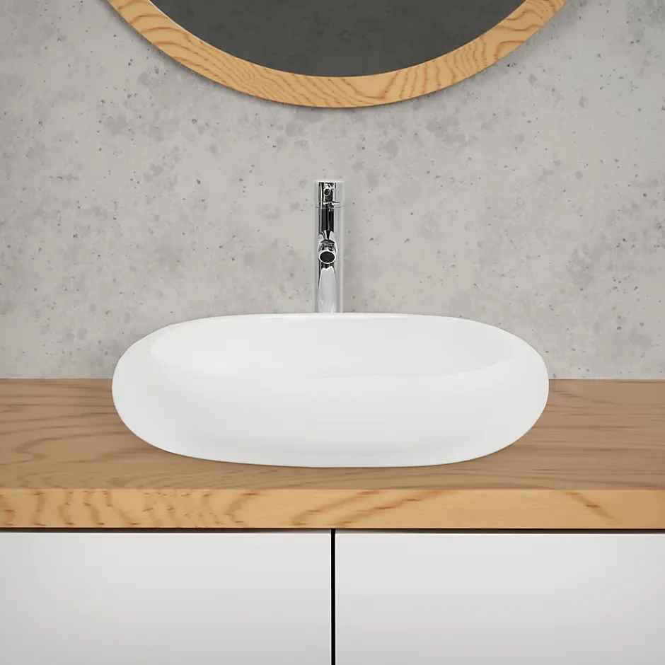 ECD Germany Évier lavabo vasque a poser ovale céramique lave-mains salle de bain 630x420 mm* Vasque À Poser