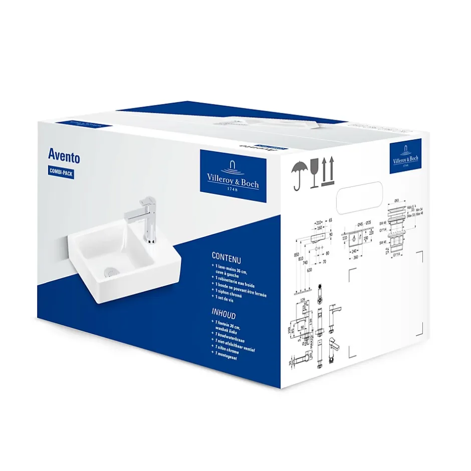 Villeroy & Boch Avento, pack lave-mains avec robinetterie, bonde clic-clac, siphon chromé et kit de fixation* Lavabo