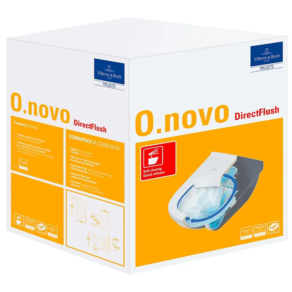 Villeroy & Boch O.novo, Cuvette suspendue sans bride, avec abattant amovible et frein de chute