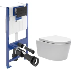 Villeroy & Boch Pack WC Bâti-support sol mur + WC SAT sans bride + Abattant SoftClose + Plaque noire (VCNSAT4)* Wc Suspendu