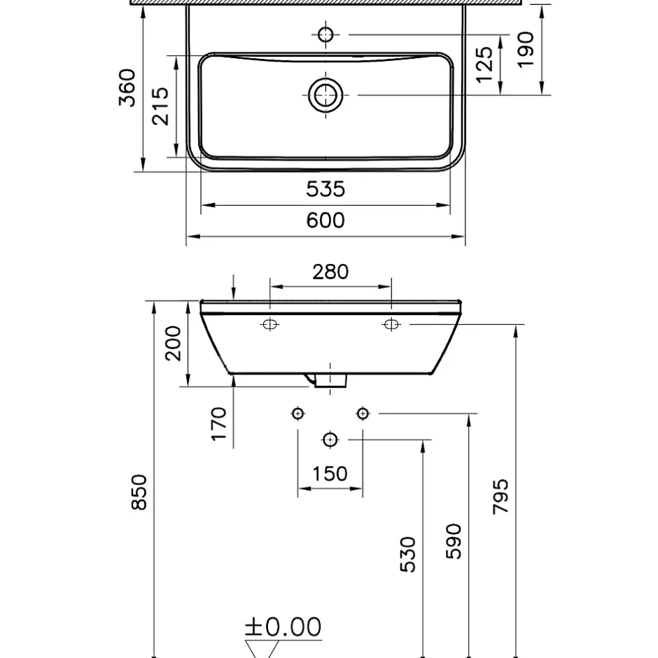 Vitra Integra Lavabo suspendu 60x36 cm avec trou pour robinetterie au milieu, Blanc (7088-003-0001)