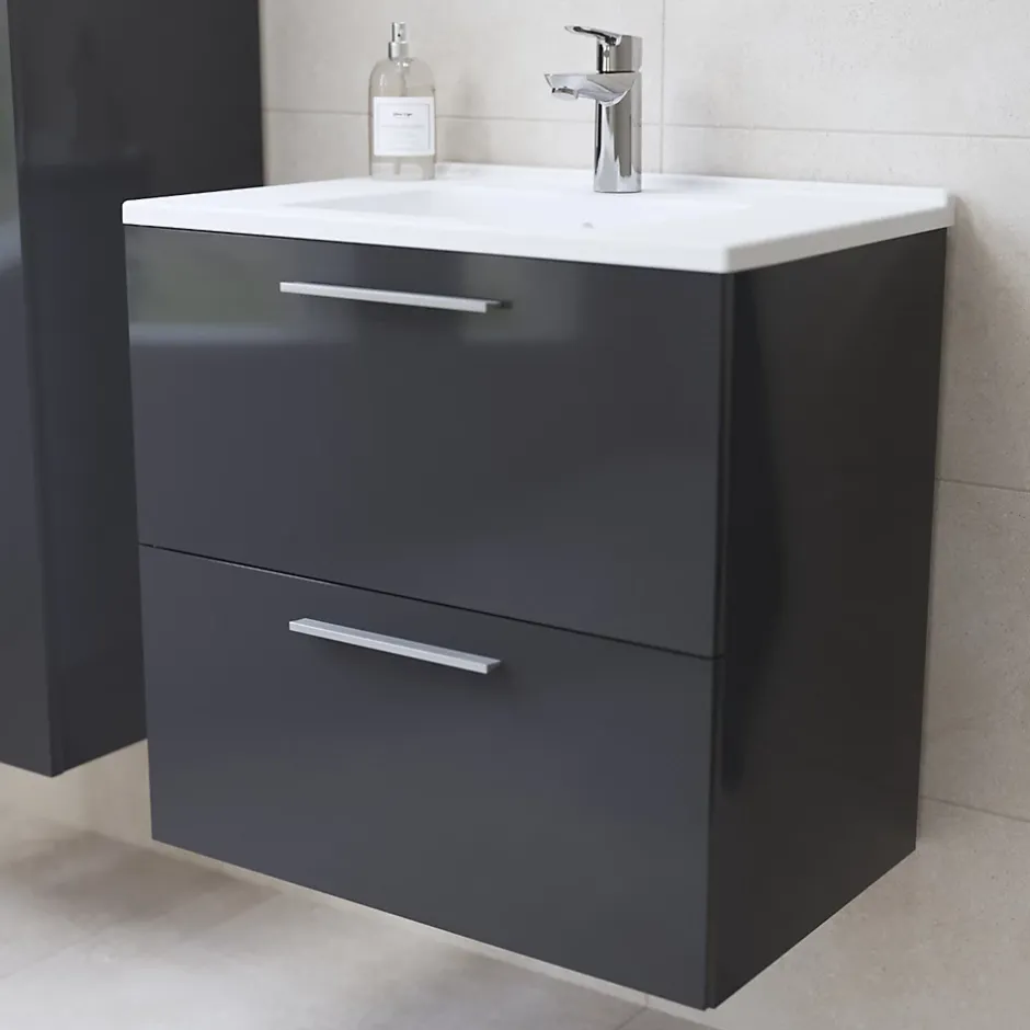 Vitra Mia ensemble meuble préassemblé 59x61x39,5 cm avec lavabo, miroir et éclairage LED, Anthracite brillant (MIASET60A)