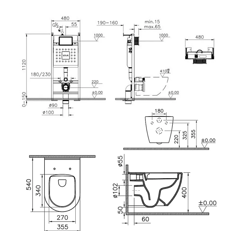 Vitra Pack WC Mia suspendu cuvette carénée fixations invisibles et bati support autoportant avec plaque Blanche* Wc Suspendu