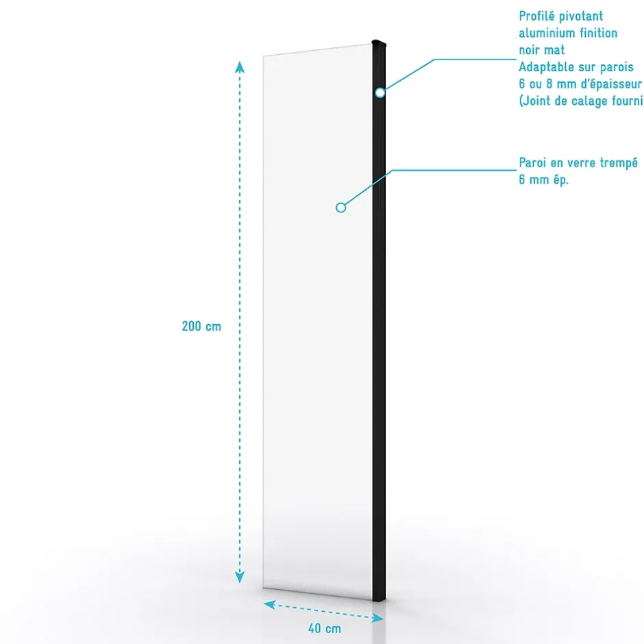 Aurlane Volet pivotant pour paroi de douche fixe - 40x200cm - Verre transparent 6mm - Profile Noir Mat* Paroi De Douche
