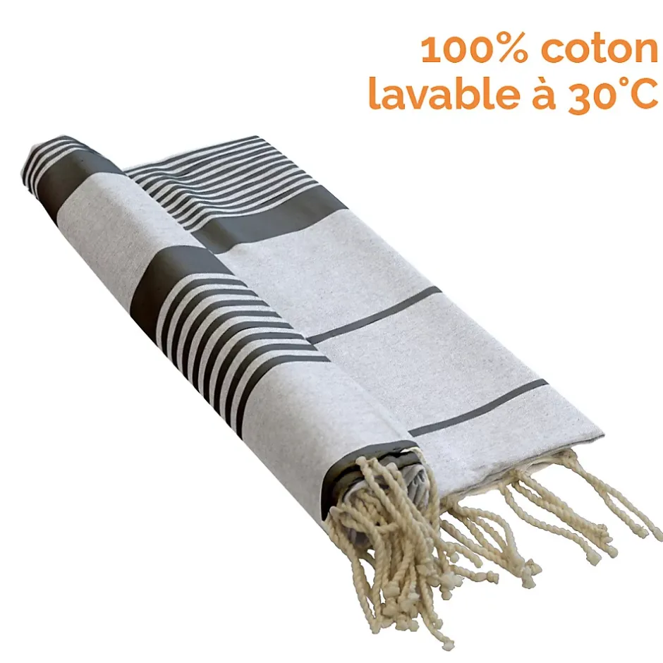 Vivezen Véritable fouta Tunisienne 1m x 2m tissage à plat 100% coton 380g - Blanc cassé et gris foncé -* Serviette De Bain