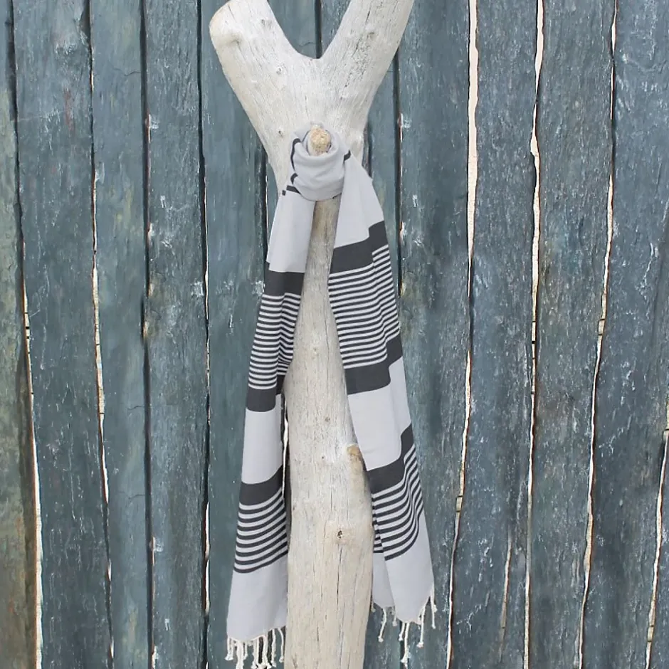 Vivezen Véritable fouta Tunisienne 1m x 2m tissage à plat 100% coton 380g - Blanc cassé et gris foncé -* Serviette De Bain