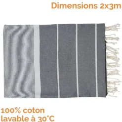 Vivezen Véritable fouta Tunisienne XXL 2m x 3m tissage à plat 100% coton 380g - Gris foncé et gris clair -
