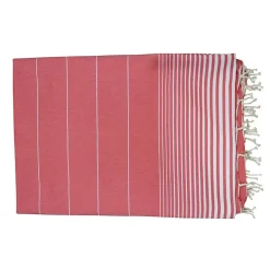Vivezen Véritable fouta Tunisienne XXL 2m x 3m tissage à plat 100% coton 380g - Rouge vermeil et blanc -* Serviette De Bain