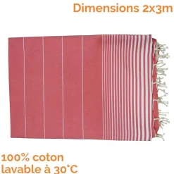Vivezen Véritable fouta Tunisienne XXL 2m x 3m tissage à plat 100% coton 380g - Rouge vermeil et blanc -* Serviette De Bain