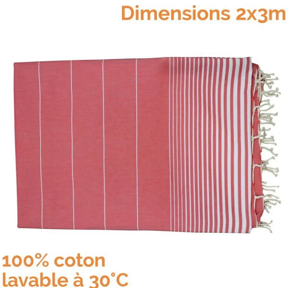 Vivezen Véritable fouta Tunisienne XXL 2m x 3m tissage à plat 100% coton 380g - Rouge vermeil et blanc -* Serviette De Bain