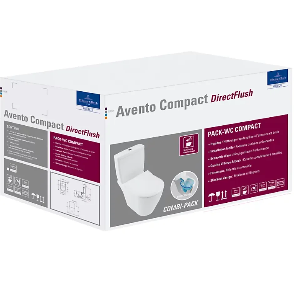Villeroy & Boch WC à poser compact sans bride sortie horizontale VILLEROY ET BOCH Avento avec abattant frein de chute et SlimSeat + Nettoyant