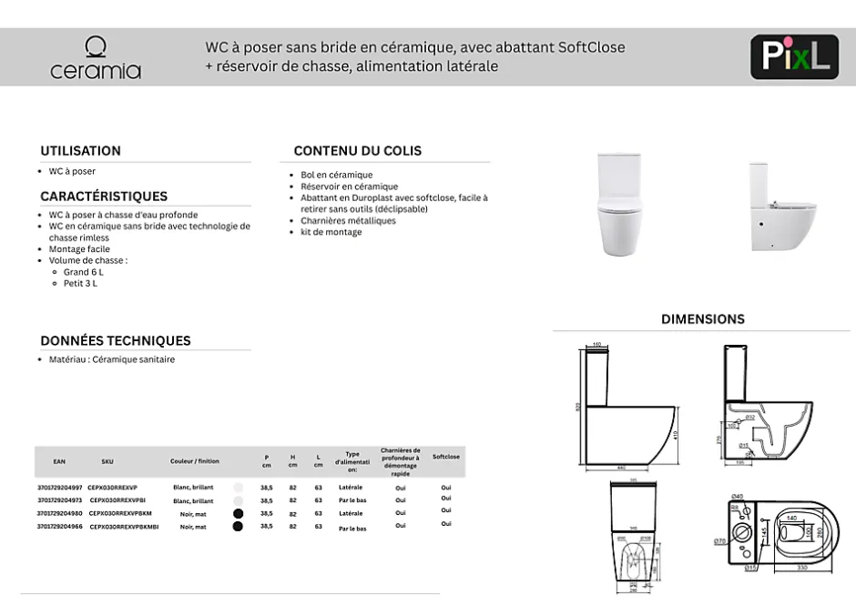 Ceramia WC à poser sans bride en céramique avec abattant SoftClose + réservoir de chasse, alimentation latérale, blanc (CEPX030RREXVP)